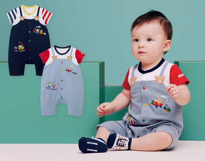 ミキハウスらしい元気なカラーのオーバーオール風デザインの男の子用ショートオール。