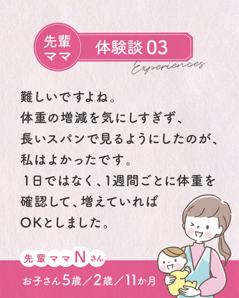 体験談03.難しいですよね。体重の増減を気にしすぎず、長いスパンで見るようにしたのが、私はよかったです。1日ではなく、1週間ごとに体重を確認して、増えていればOKとしました。