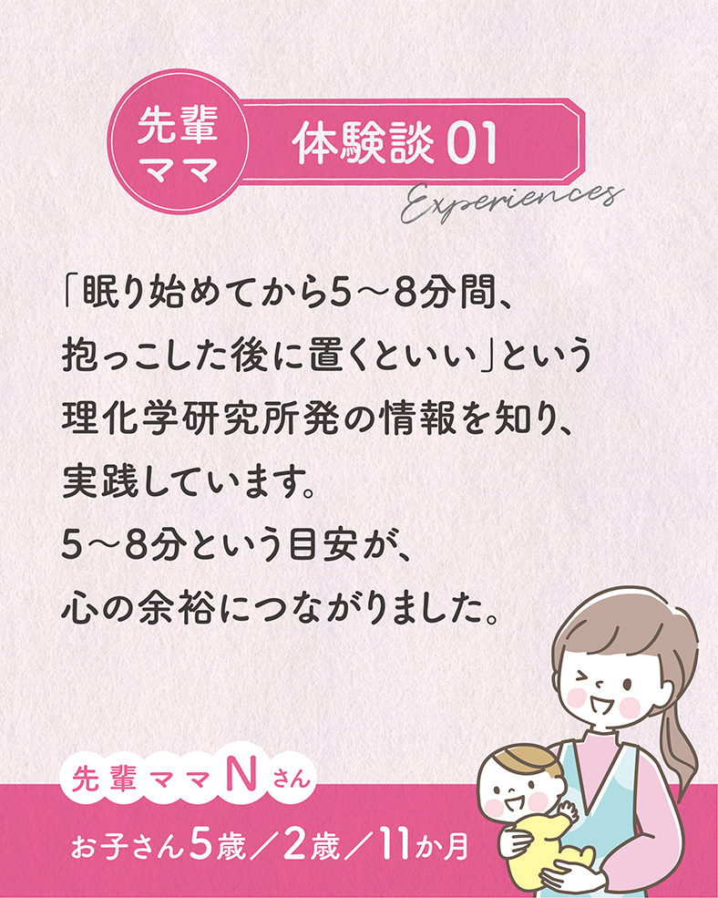 「眠り始めてから5～8分間、抱っこした後に置くといい」という理化学研究所発の情報を知り、実践しています。5～8分という目安が、心の余裕につながりました。